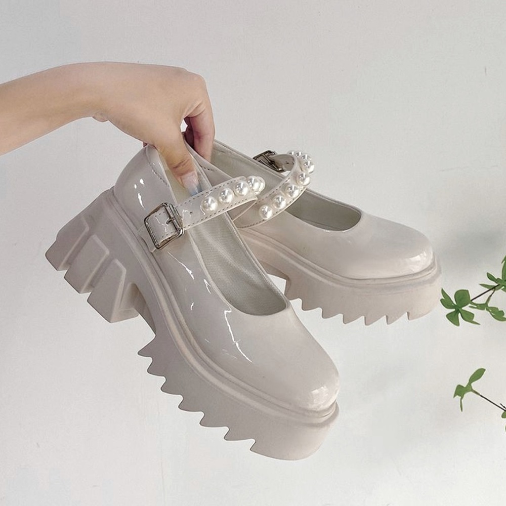 Faux Pearl Platform Block Heel Mary Jane Shoes in White